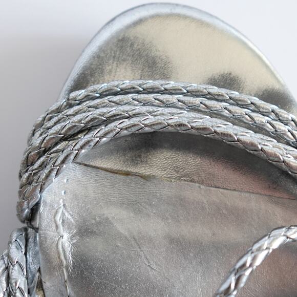 BCBG Paris Metallic Silver Faux Leather Woven Rope Strappy Cork Open Toe Wedges - Picture 8 of 15